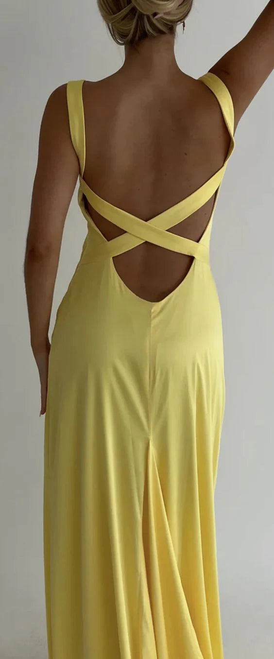 TingPo Wholesale Simple Mermaid Straps Yellow Backless Long Prom Dress
